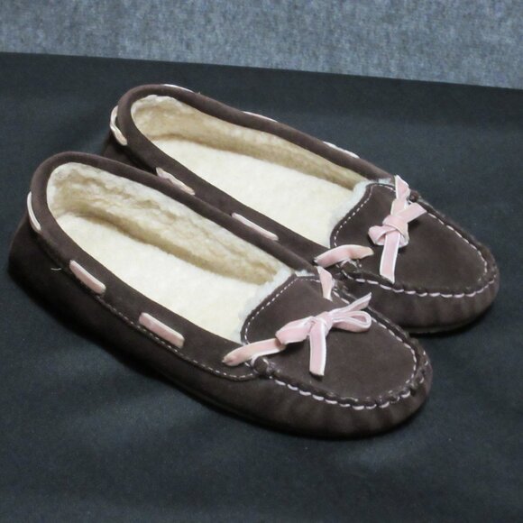 L.L. Bean Suede Leather Shearling Slippers Ribbon Womens 7 - Picture 4 of 10